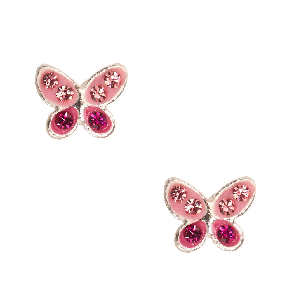 Clous d'oreille papillon rose en argent avec strass,