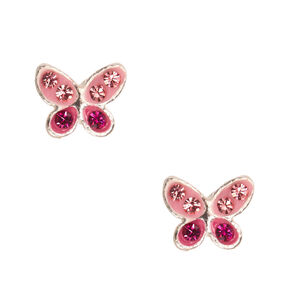 Clous d&#39;oreille papillon rose en argent avec strass,