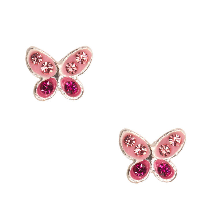 Clous d&#39;oreille papillon rose en argent avec strass,