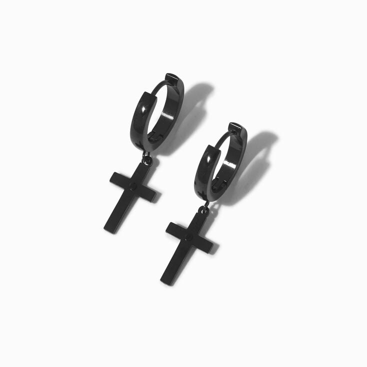 Black Stainless Steel Cubic Zirconia 15MM Cross Huggie Hoop Earrings