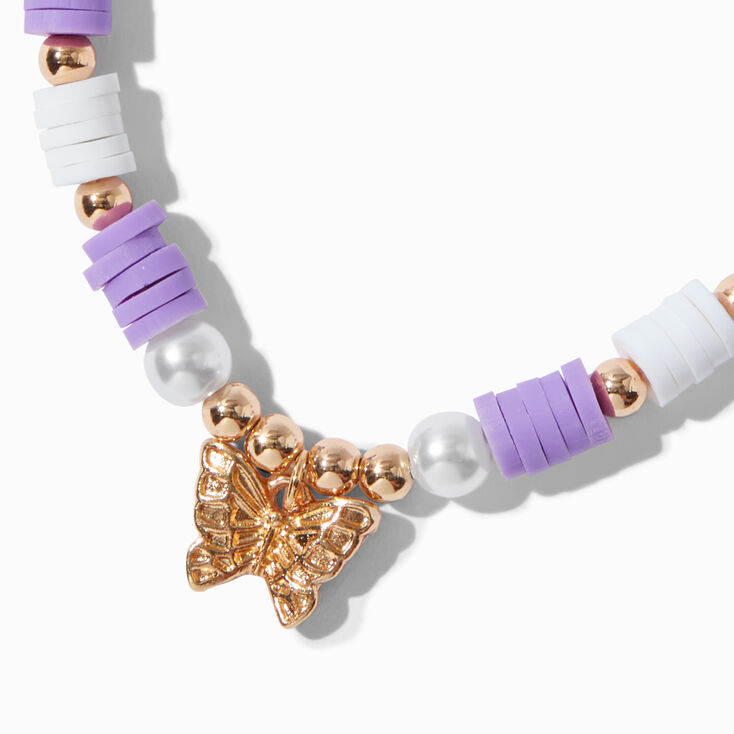 Bracelet r&eacute;glable papillon perl&eacute; violet couleur dor&eacute;e,
