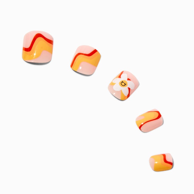 Retro Daisy Swirl Square Press On Vegan Faux Nail Set - 24 Pack,