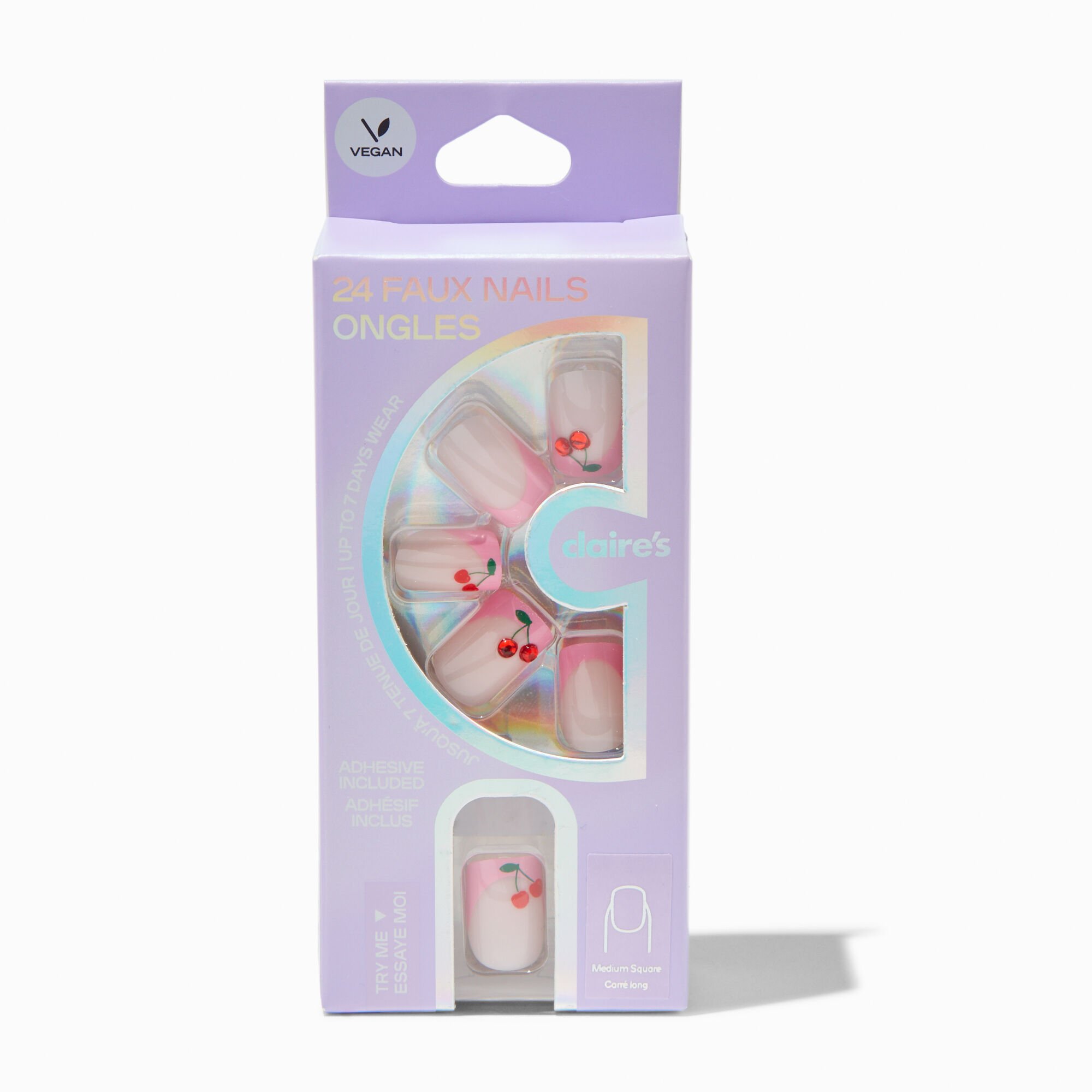 Pink French Tip Cherry Gem Square Vegan Faux Nail Set - 24 Pack,