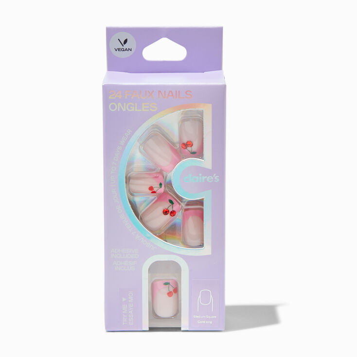 Pink French Tip Cherry Gem Square Vegan Faux Nail Set - 24 Pack,
