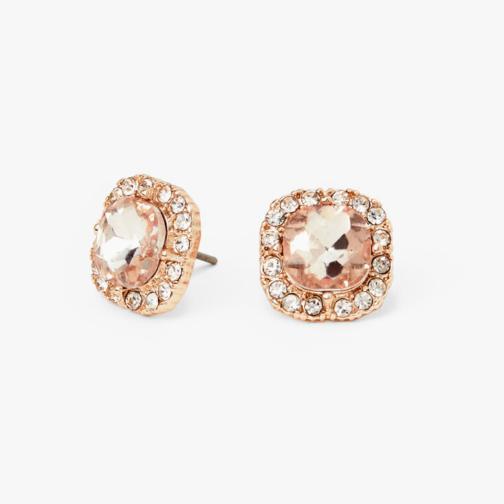 Rose Gold Square Halo Stud Earrings,