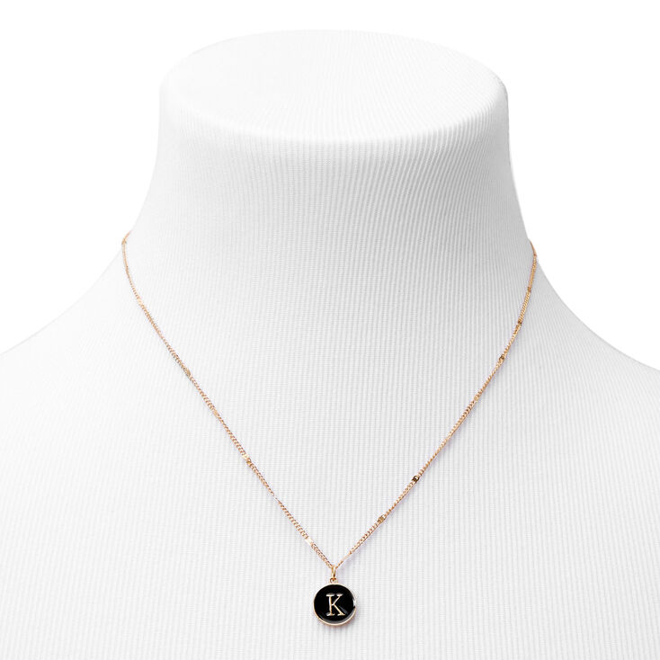 Black Enamel Initial Pendant Gold Necklace - K,