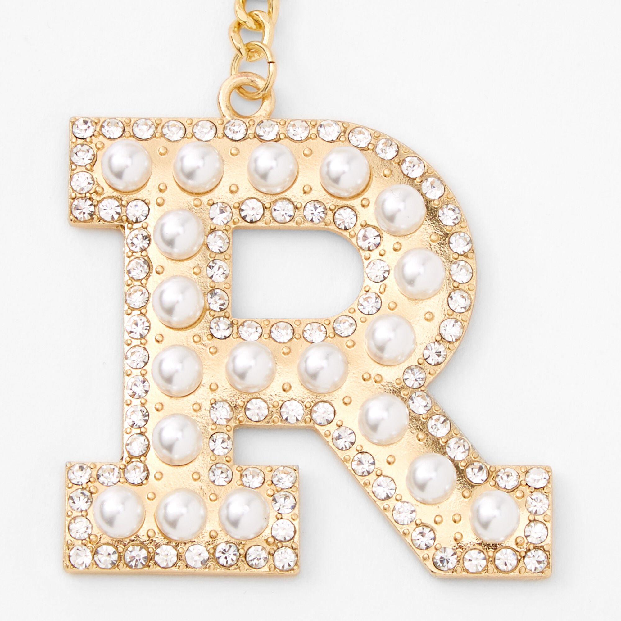 Gold Bling Initial Pom Pom Keyring - White, R,