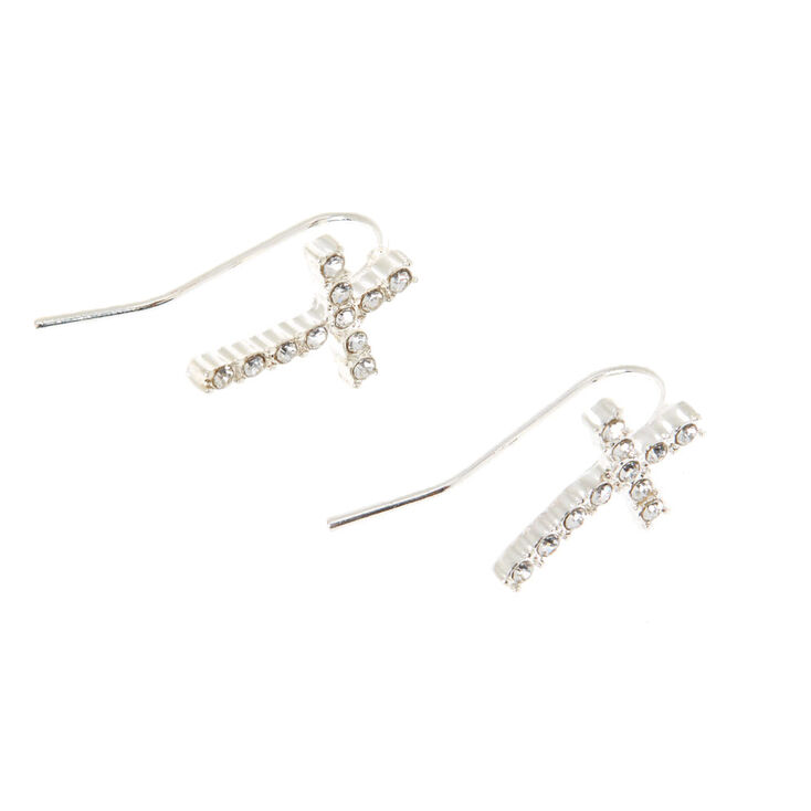 Silver 1&quot; Cross Ear Crawler Earrings,