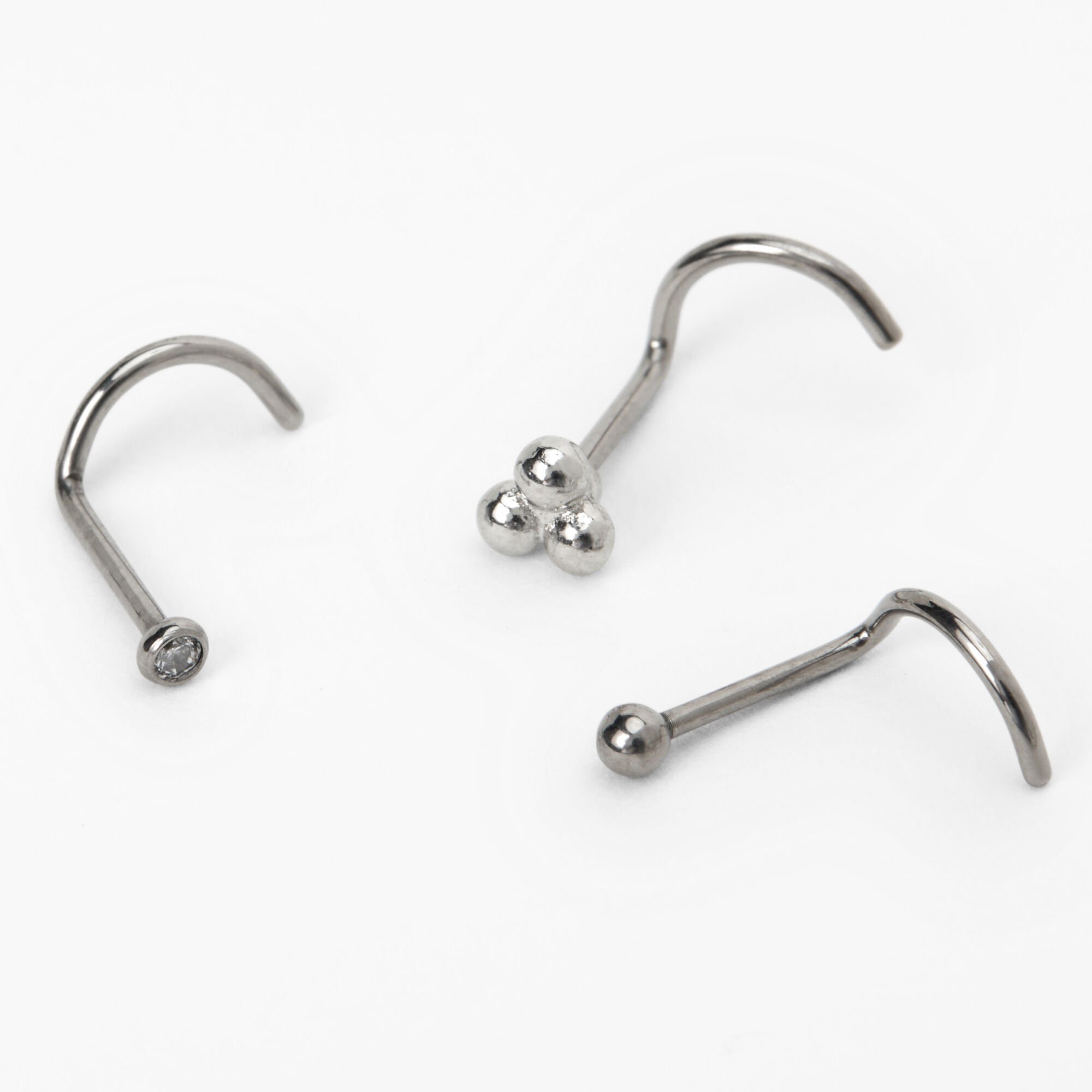 View Claires Tone Titanium 20G Round Ball Nose Studs 3 Pack Silver information