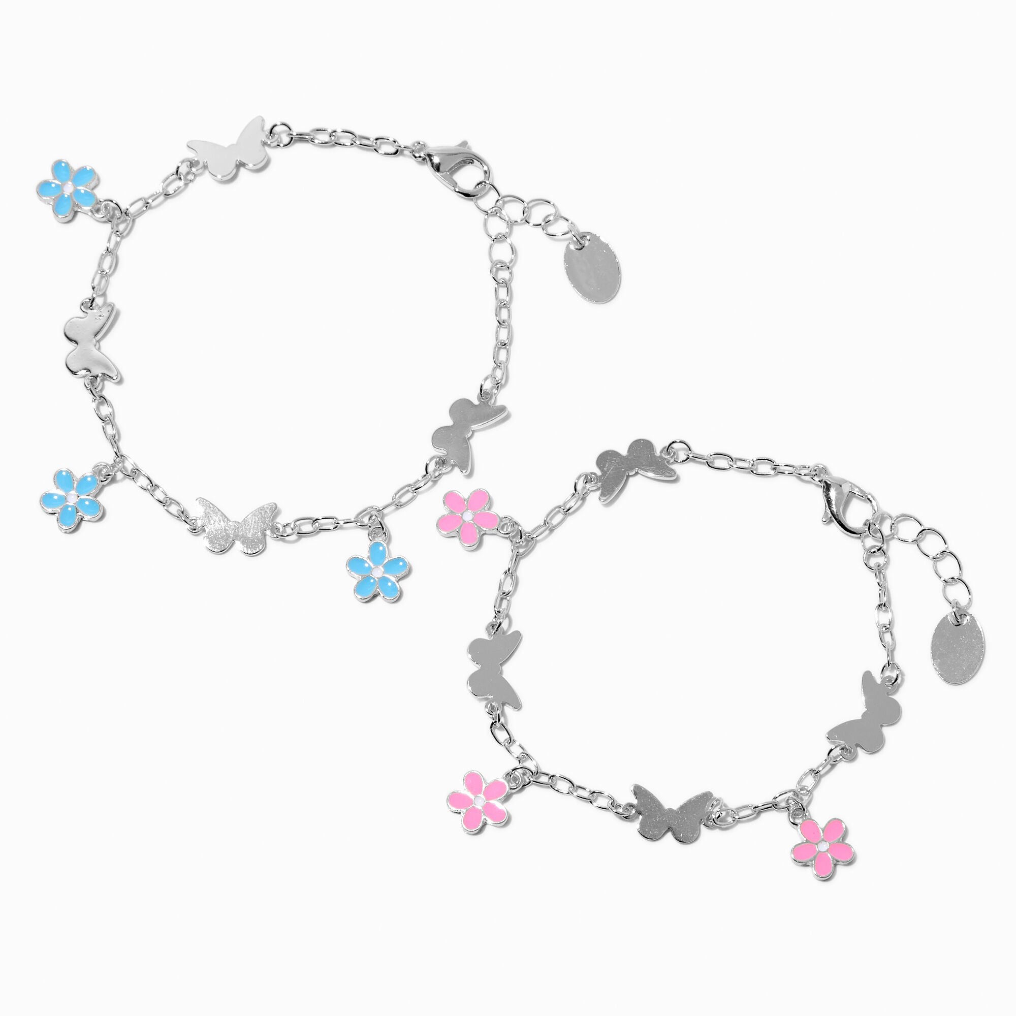Best Friends Pink & Blue Butterfly & Flower Charm Bracelets - 2 Pack,