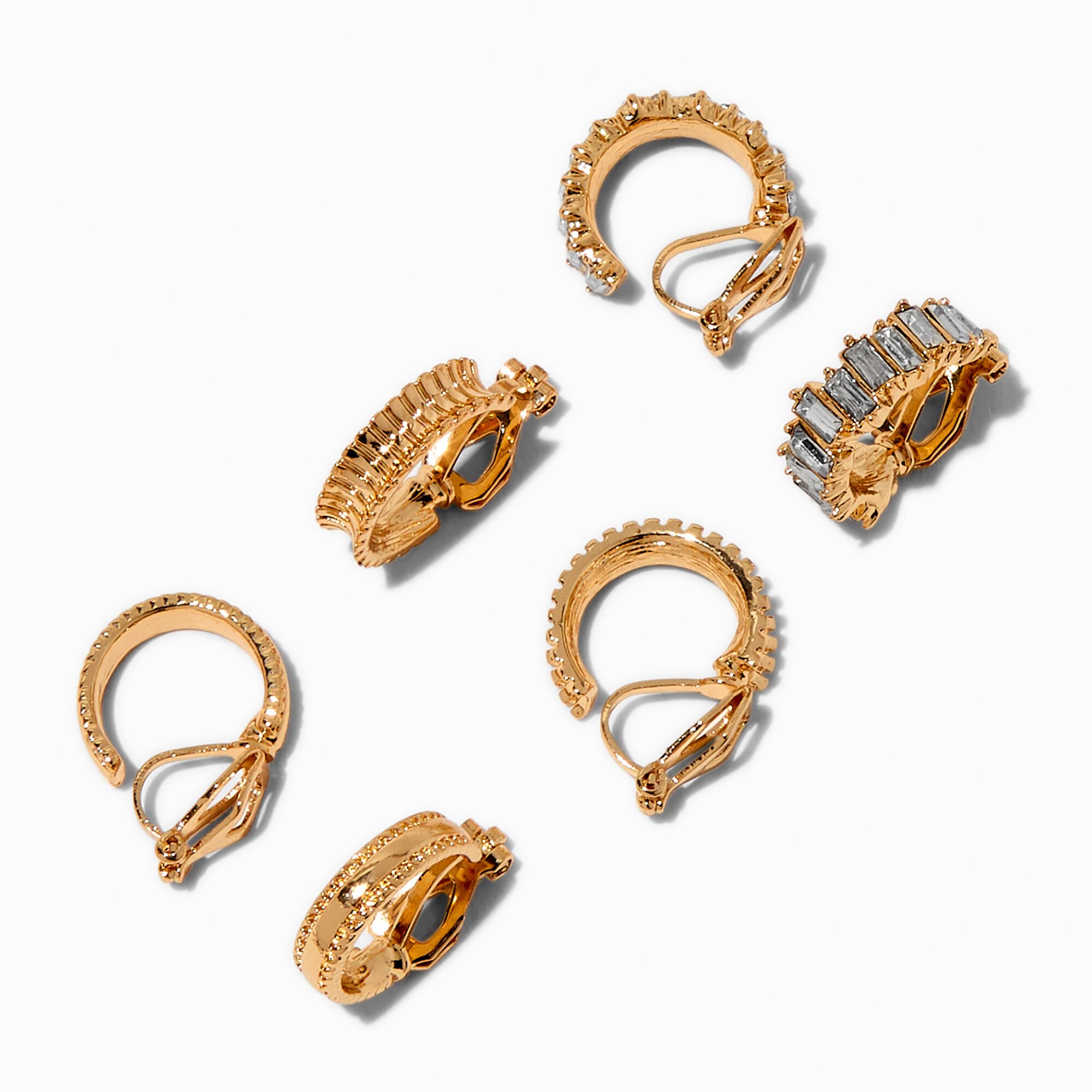 Gold-tone Crystal Tread Hoop Clip-On Earrings - 3 Pack,