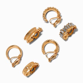 Gold-tone Crystal Tread Hoop Clip-On Earrings - 3 Pack,