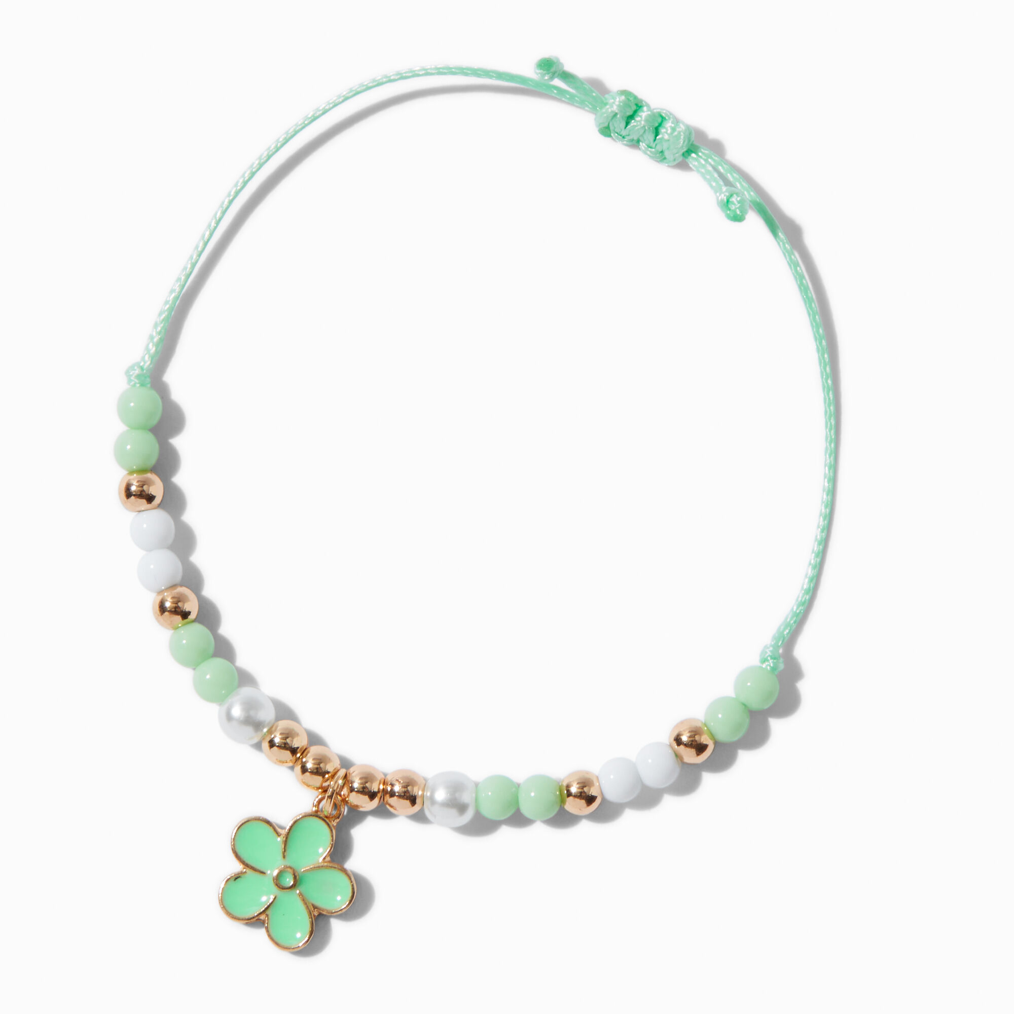 Gold-tone Flower Green Beaded Adjustable Bracelet,