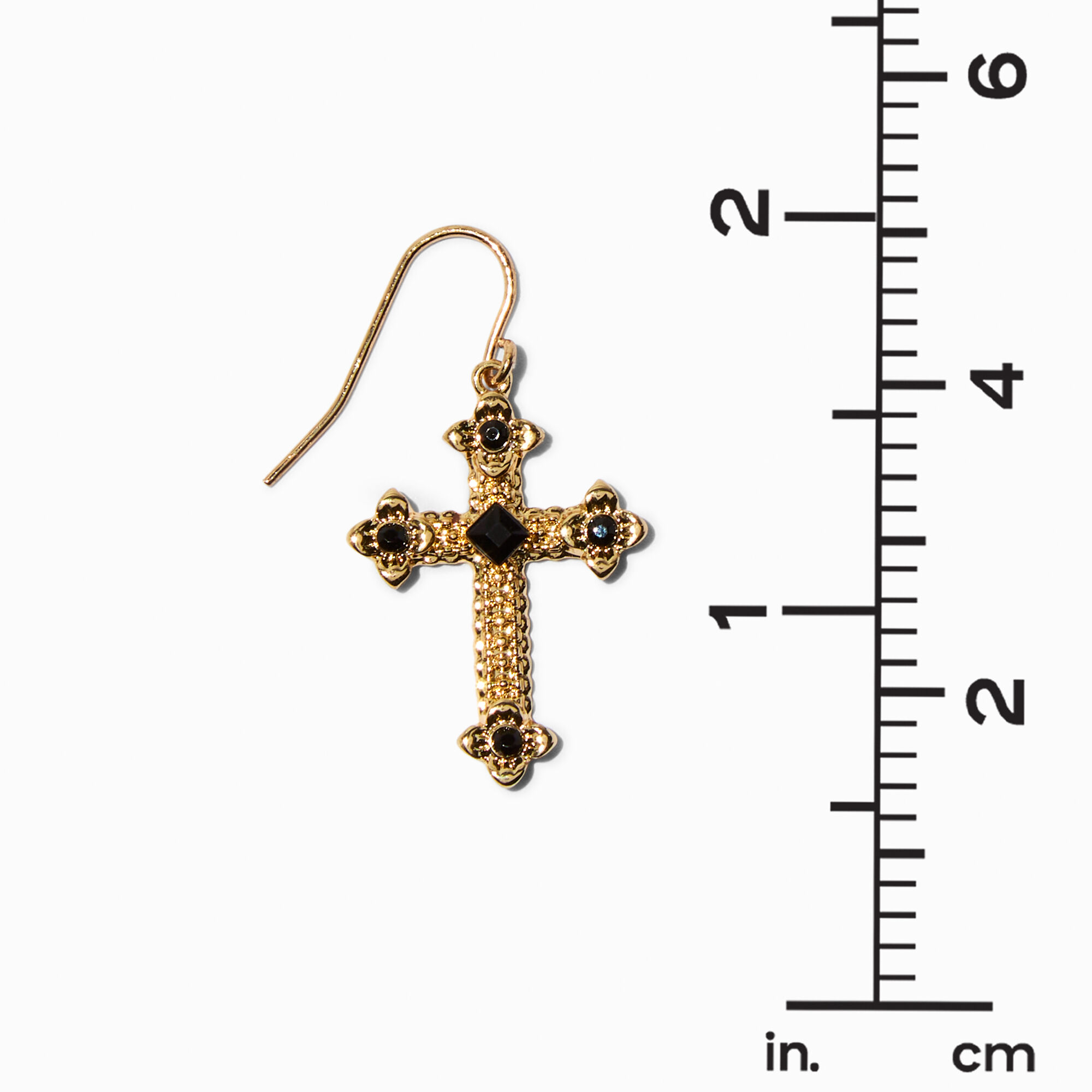 Claire s Stone Gold Tone Cross 1.5 Drop Earrings Black
