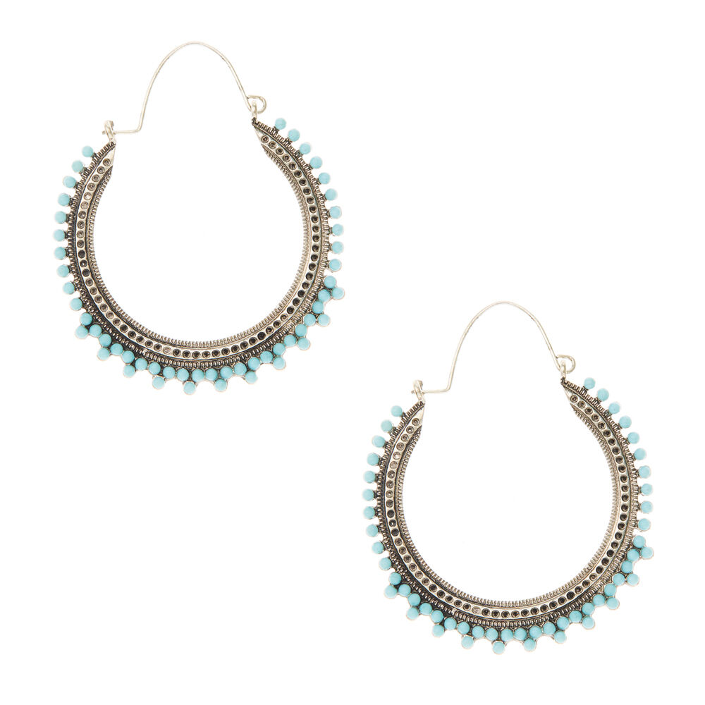 Silver 45MM Vintage Beaded Hoop Earrings Turquoise