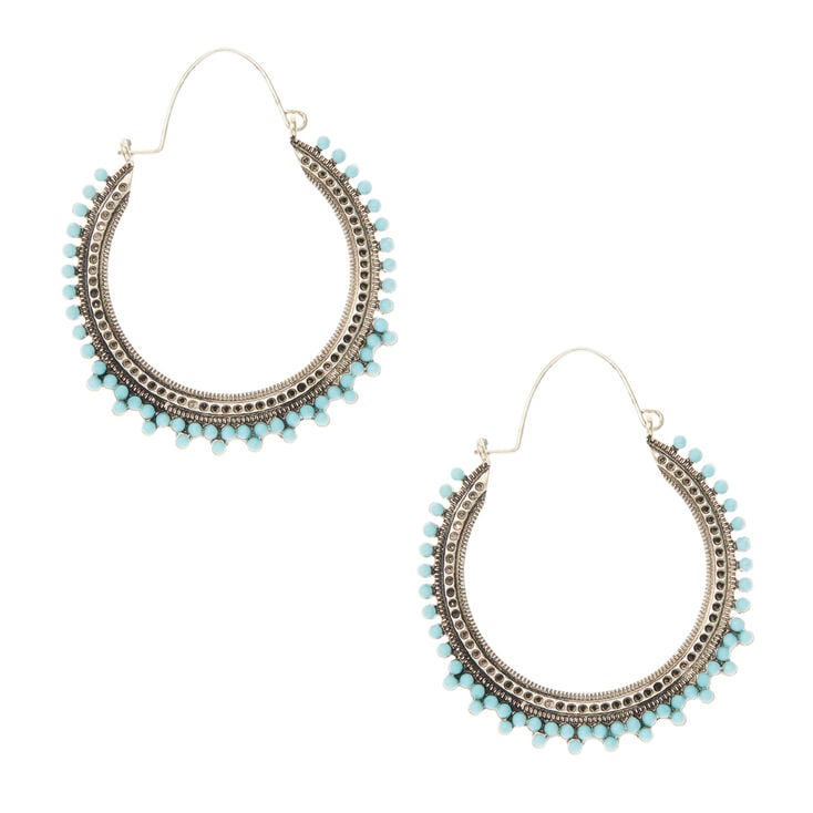 Claire's Créoles vintage couleur argenté avec perle d'imitation couleur turquoise