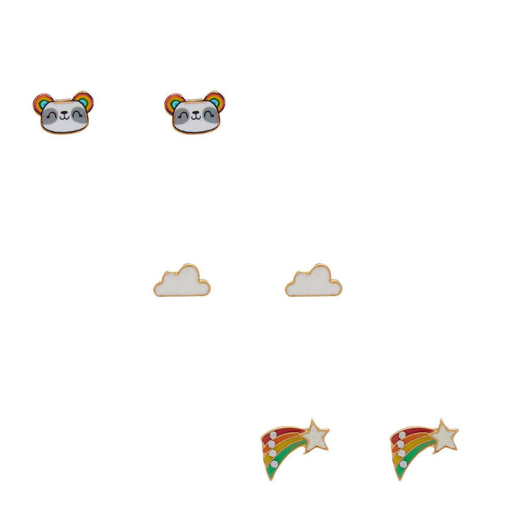 18kt Gold Plated Rainbow Panda Stud Earrings - 3 Pack,