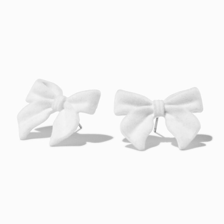 White Velvet Bow Stud Earrings ,