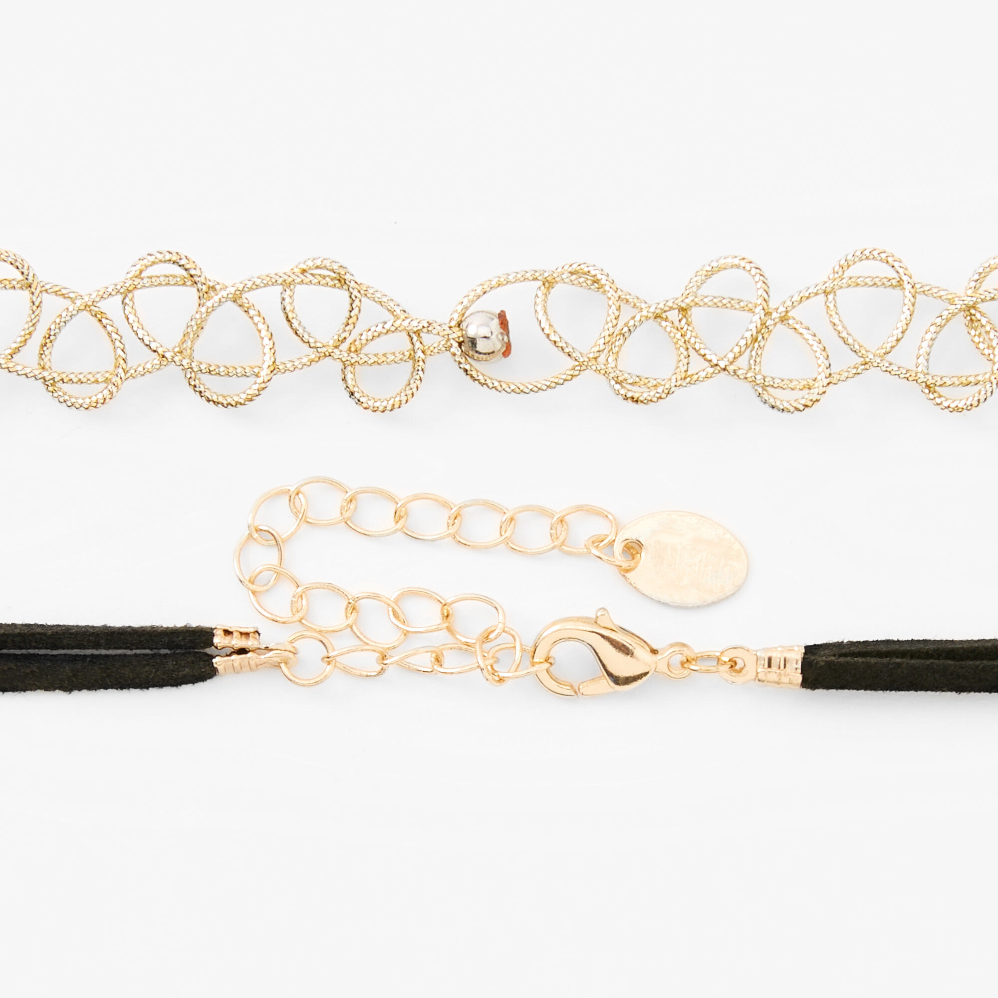 Gold Tattoo & Black Cord Clear Mystical Gem Choker Necklaces - 2 Pack,