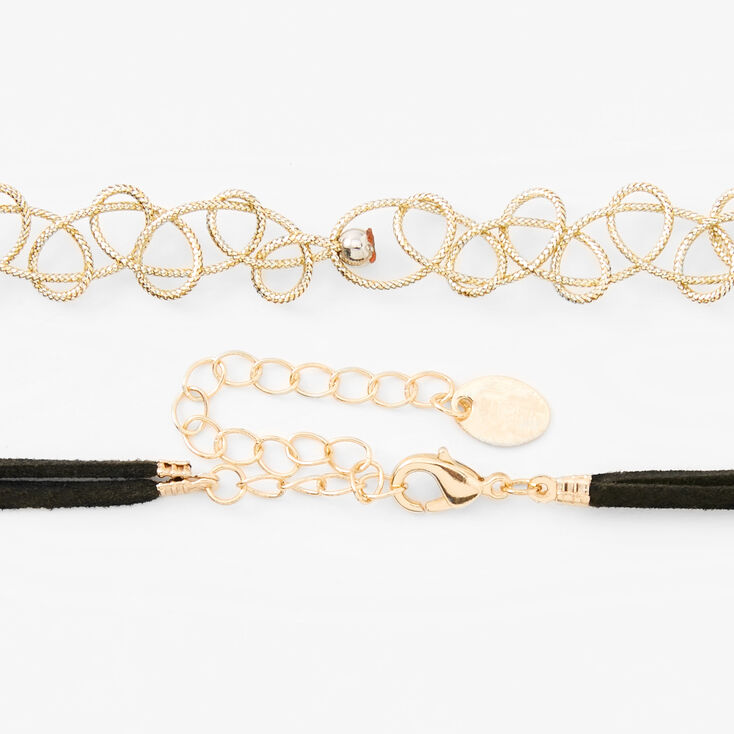Gold Tattoo &amp; Black Cord Clear Mystical Gem Choker Necklaces - 2 Pack,