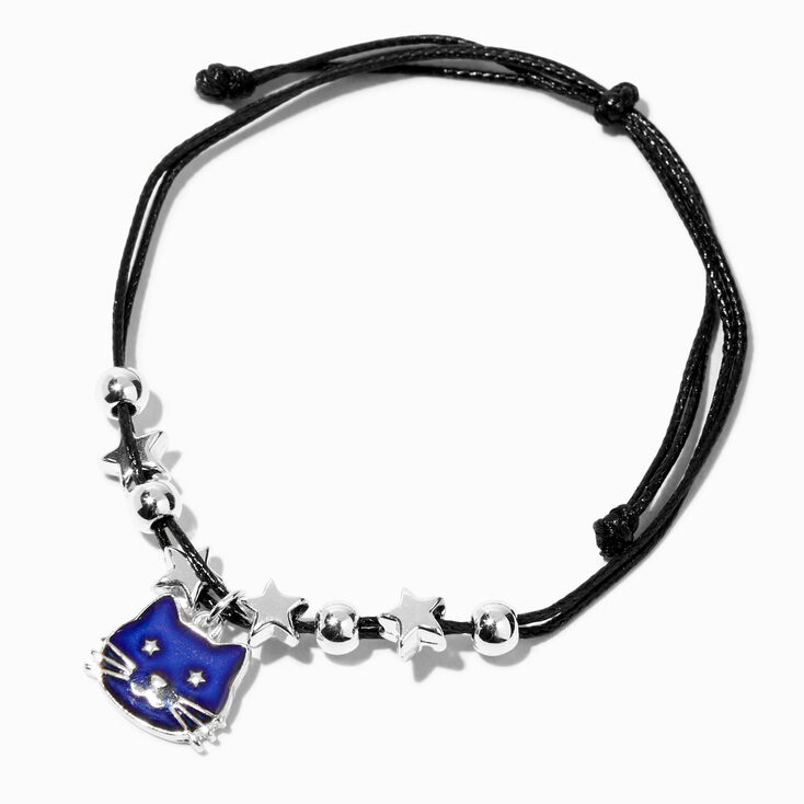 Blue Mood Cat &amp; Stars Black Cord Bracelet,