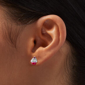 Sterling Silver Crystal Pink Cupcake Stud Earrings,