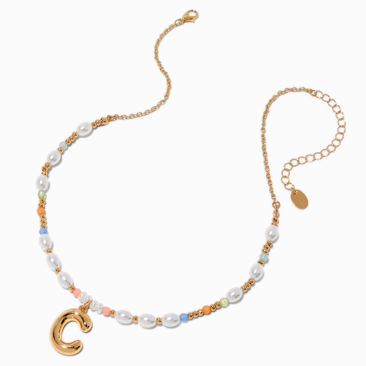 Gold-tone Bubble Initial Pastel Beaded Pendant Necklace - C,