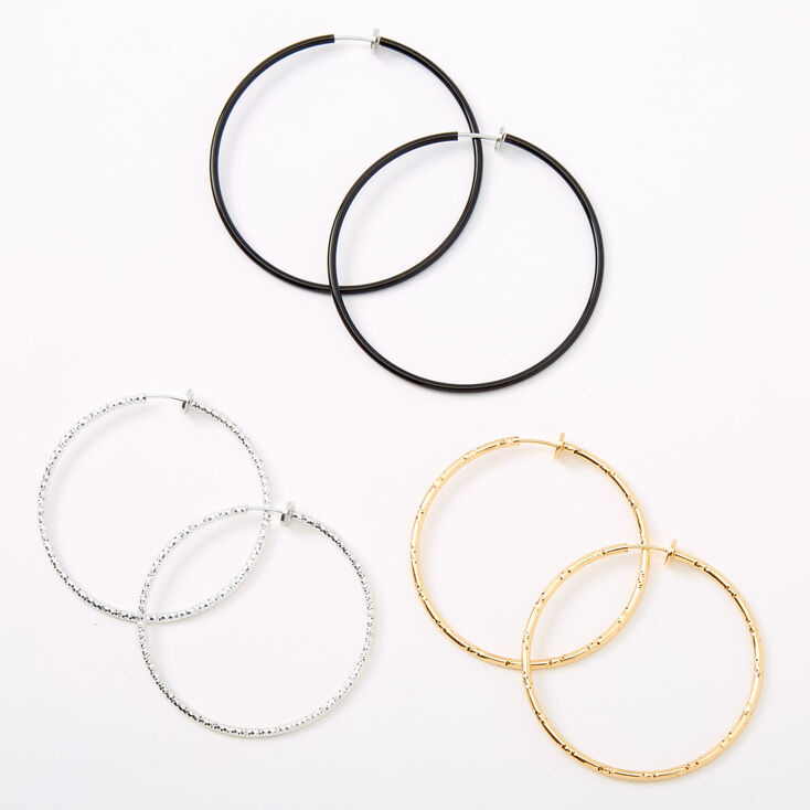 Mixed Metal Graduated Textured Clip On Hoop Earrings - 3 Pack | Claire's US