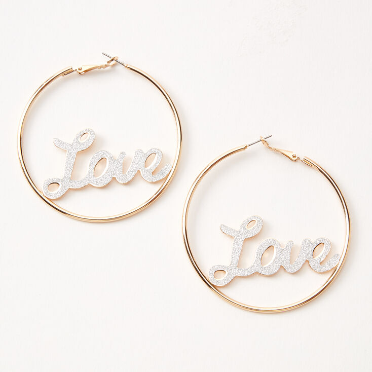 Anneaux d&rsquo;oreilles &laquo;&nbsp;Love&nbsp;&raquo; en lettres cursives 60&nbsp;mm couleur dor&eacute;e,