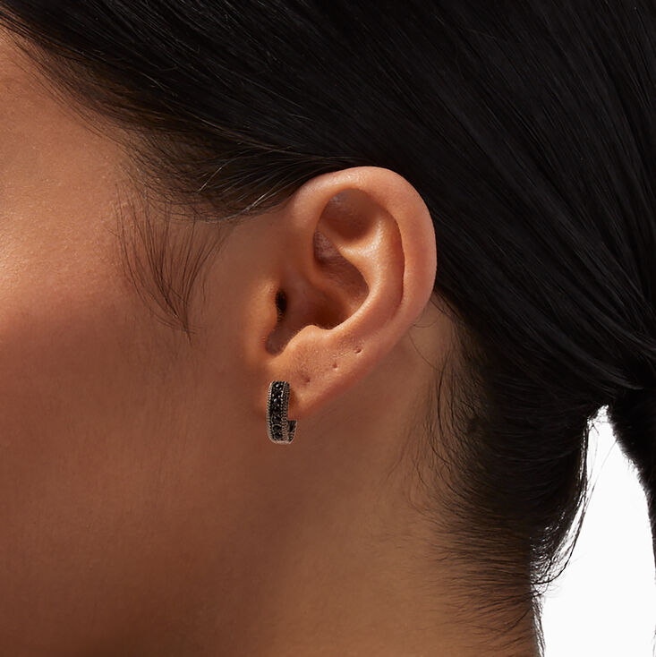 Hematite Black Embellished 15MM Huggie Hoop Earrings,