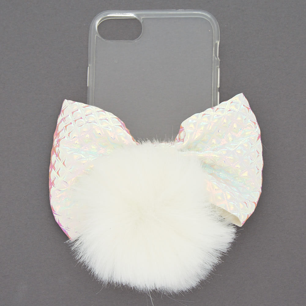 Holographic Bow Fur Pom Phone Case,