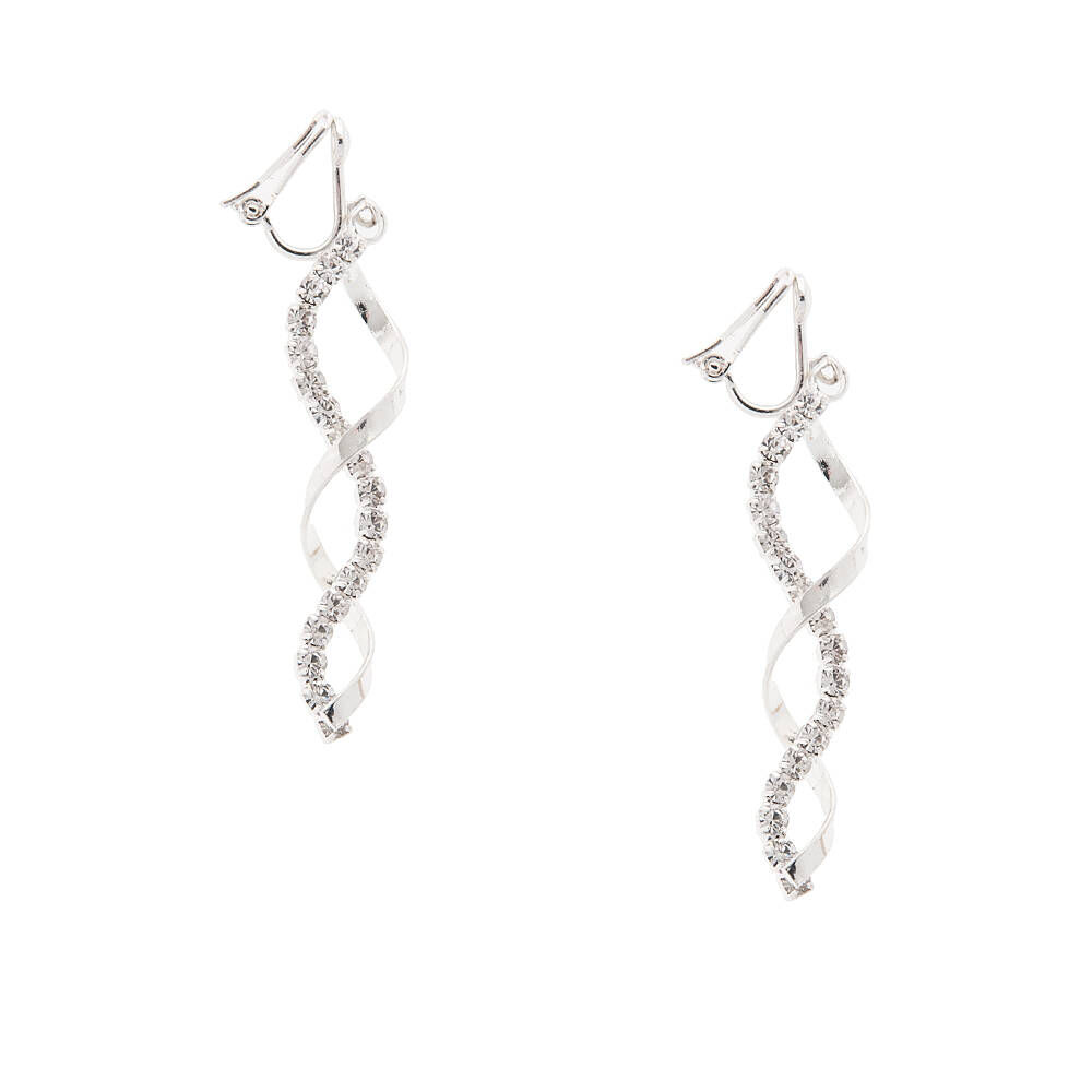 Silver 2" Ribbon Twist Crystal Clip On Drop Earrings,