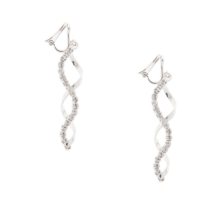 Silver 2&quot; Ribbon Twist Crystal Clip On Drop Earrings,