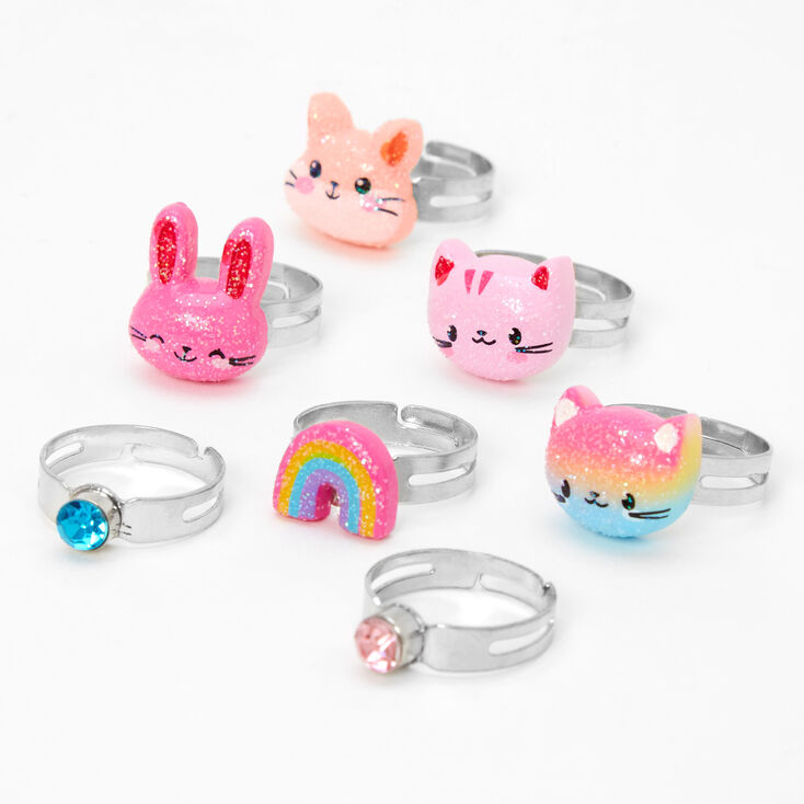 Claire&#39;s Club Silver Bunny, Hamster, &amp; Rainbow Rings - 7 Pack,