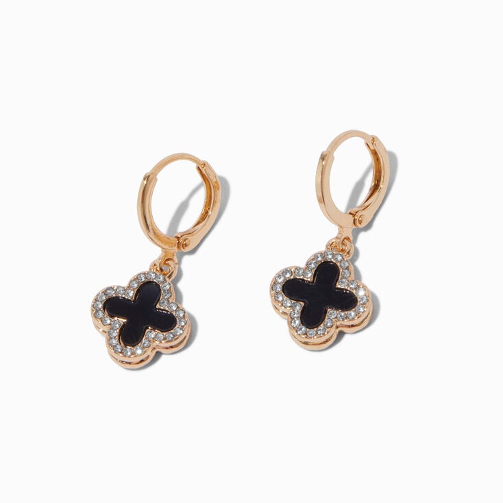 Gold-tone Pink &amp; Black Crystal Clover 12mm Hoop Earrings,