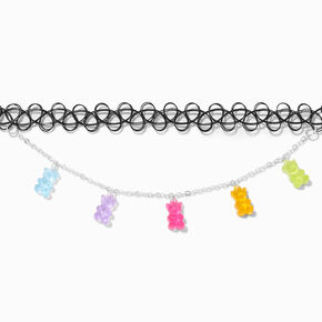Glow In The Dark Gummy Bear Charms Black Tattoo Choker Necklace,