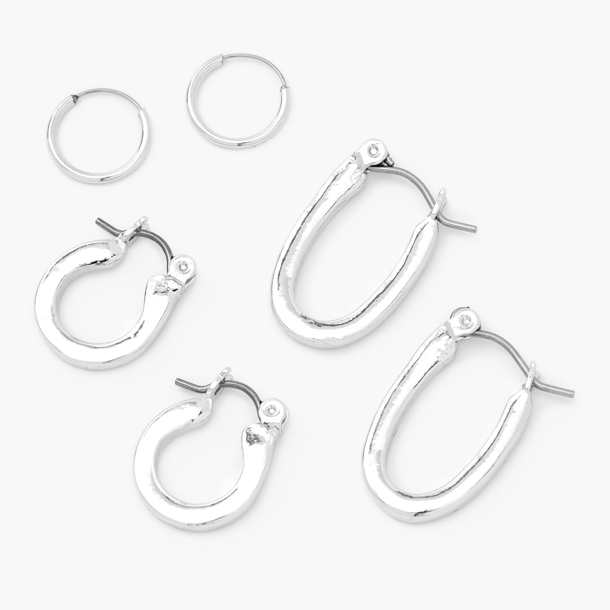 Claire's Créoles ovales et rondes aux designs variés couleur argentée - Lot de 3