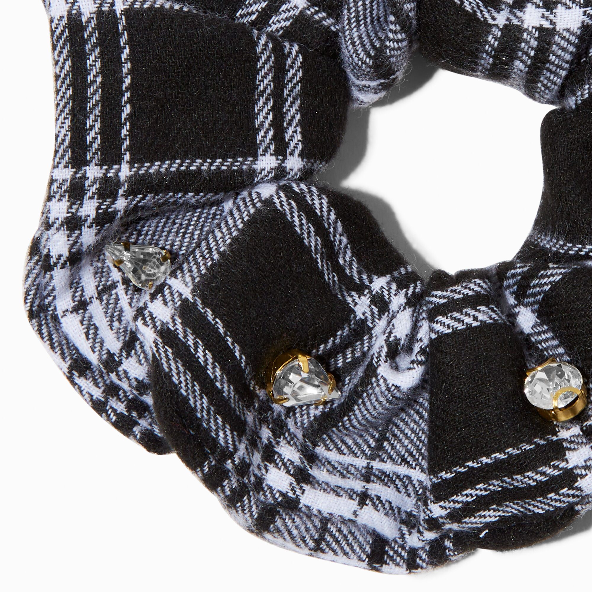 Black Plaid Crystal Embellished Hair Scrunchie,