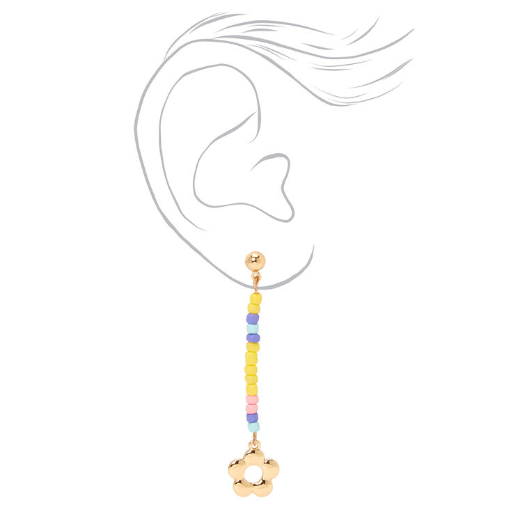 Gold Flower Beaded 2&quot; Drop Earrings,