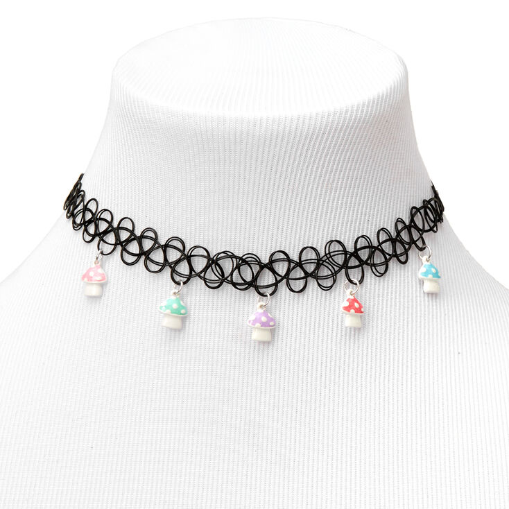 Mushroom Charm Tattoo Choker Necklace - Black,