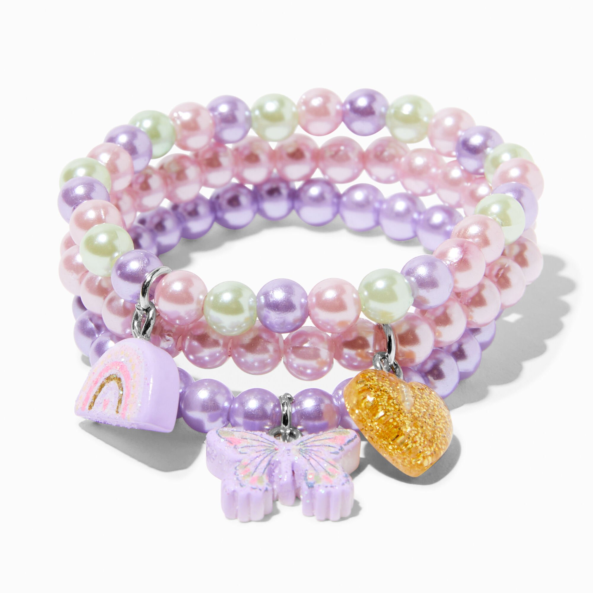 View Claires Club Pastel Pearl Beaded Stretch Bracelets 3 Pack Rainbow information