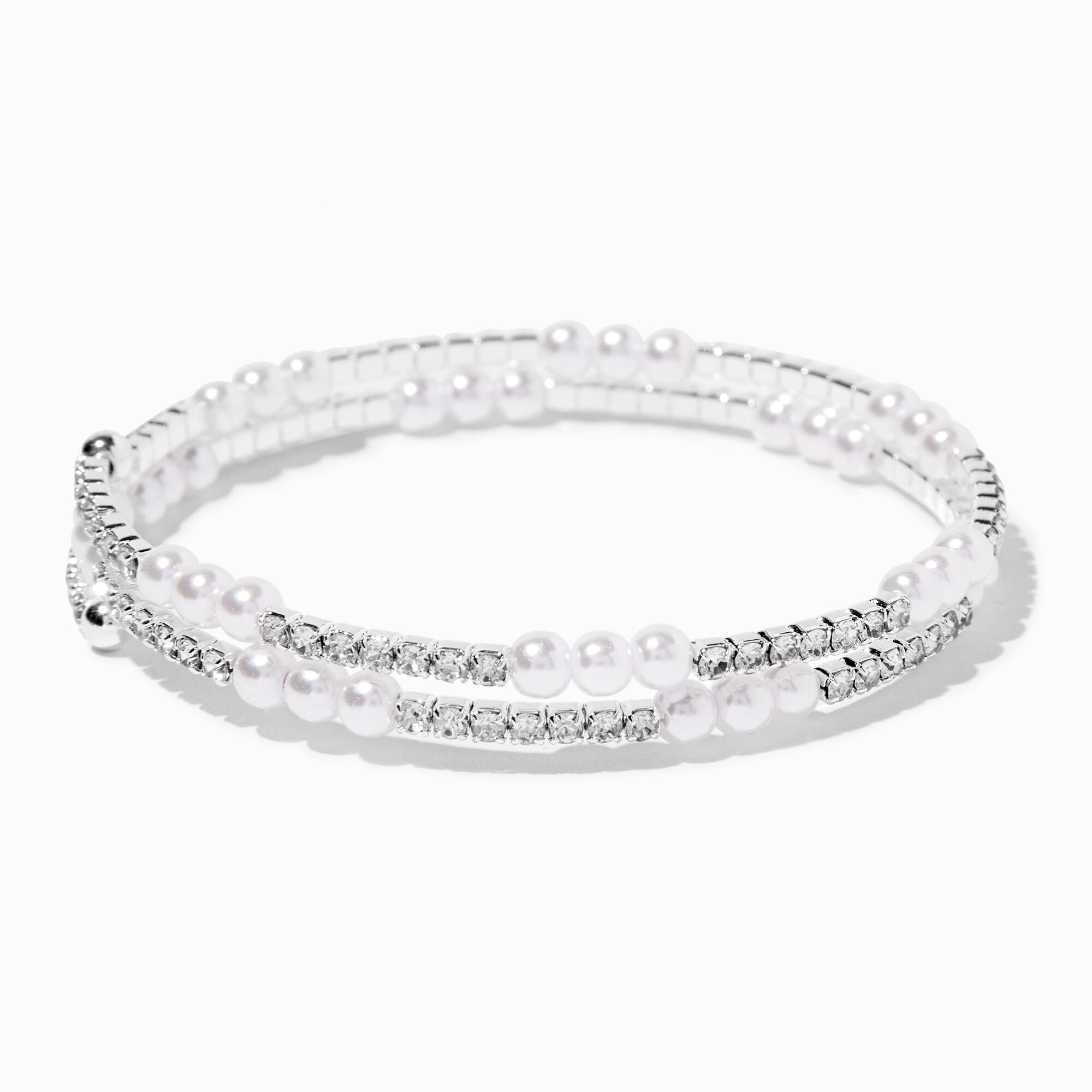 View Claires Tone Crystal Pearl Wrap Bracelet Silver information