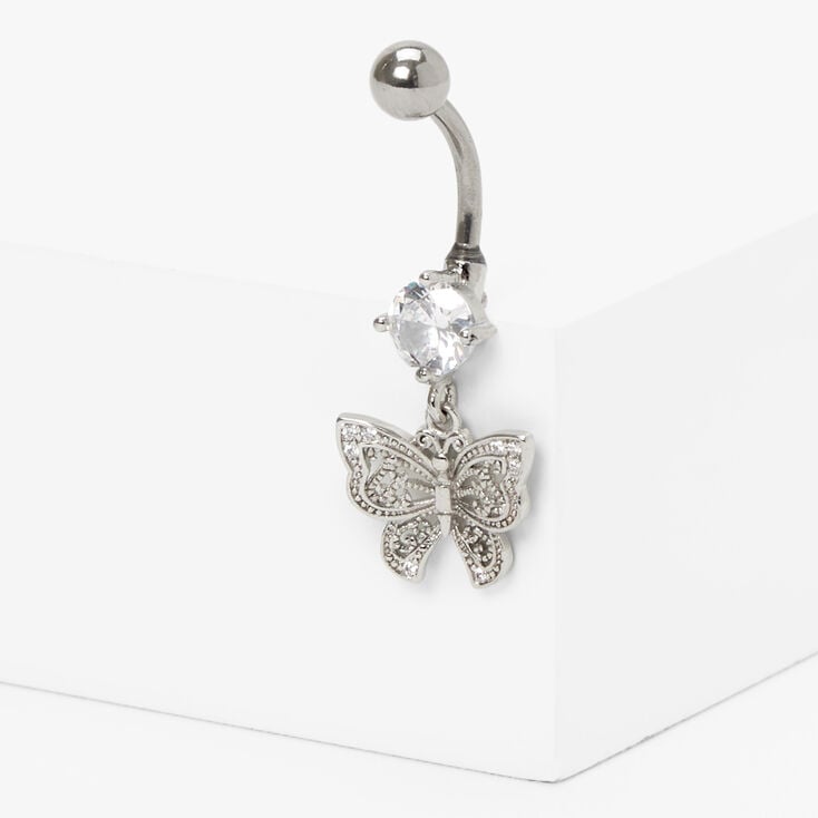 Silver-tone Stainless Steel Cubic Zirconia Butterfly Dangle 14G Belly Bar ,