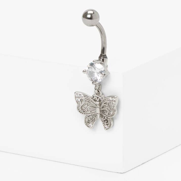Silver 14G Crystal Butterfly Dangle Belly Ring,