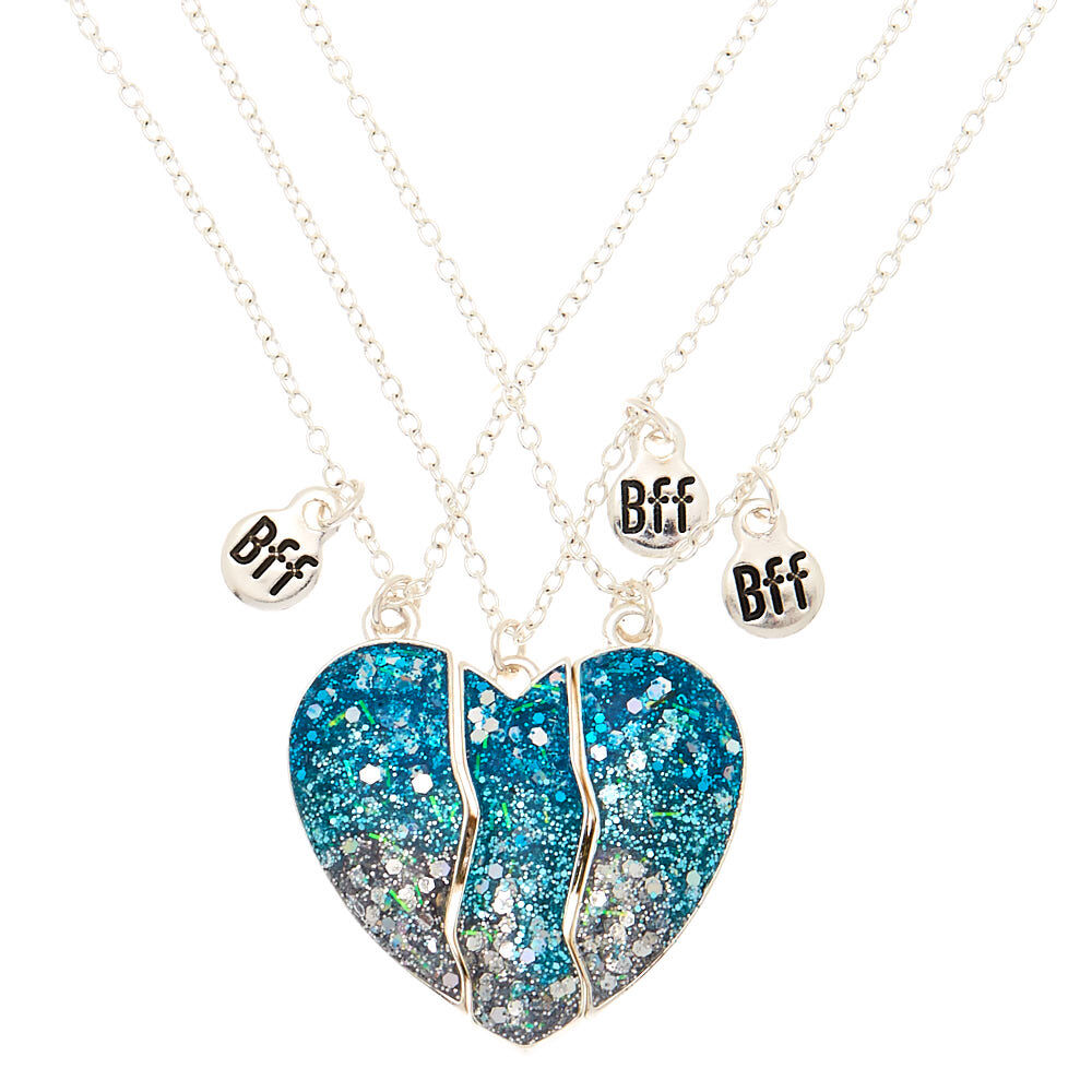 Best Friends Glitter Heart Pendant Necklaces Blue 3 Pack
