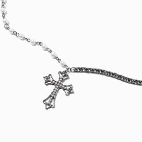 Hematite Pearl Cross Pendant Necklace ,