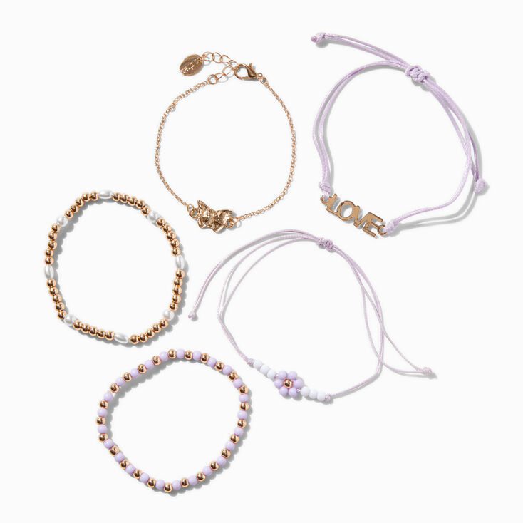  Purple &quot;Love&quot; &amp; Flower Bracelet Set - 5 Pack,