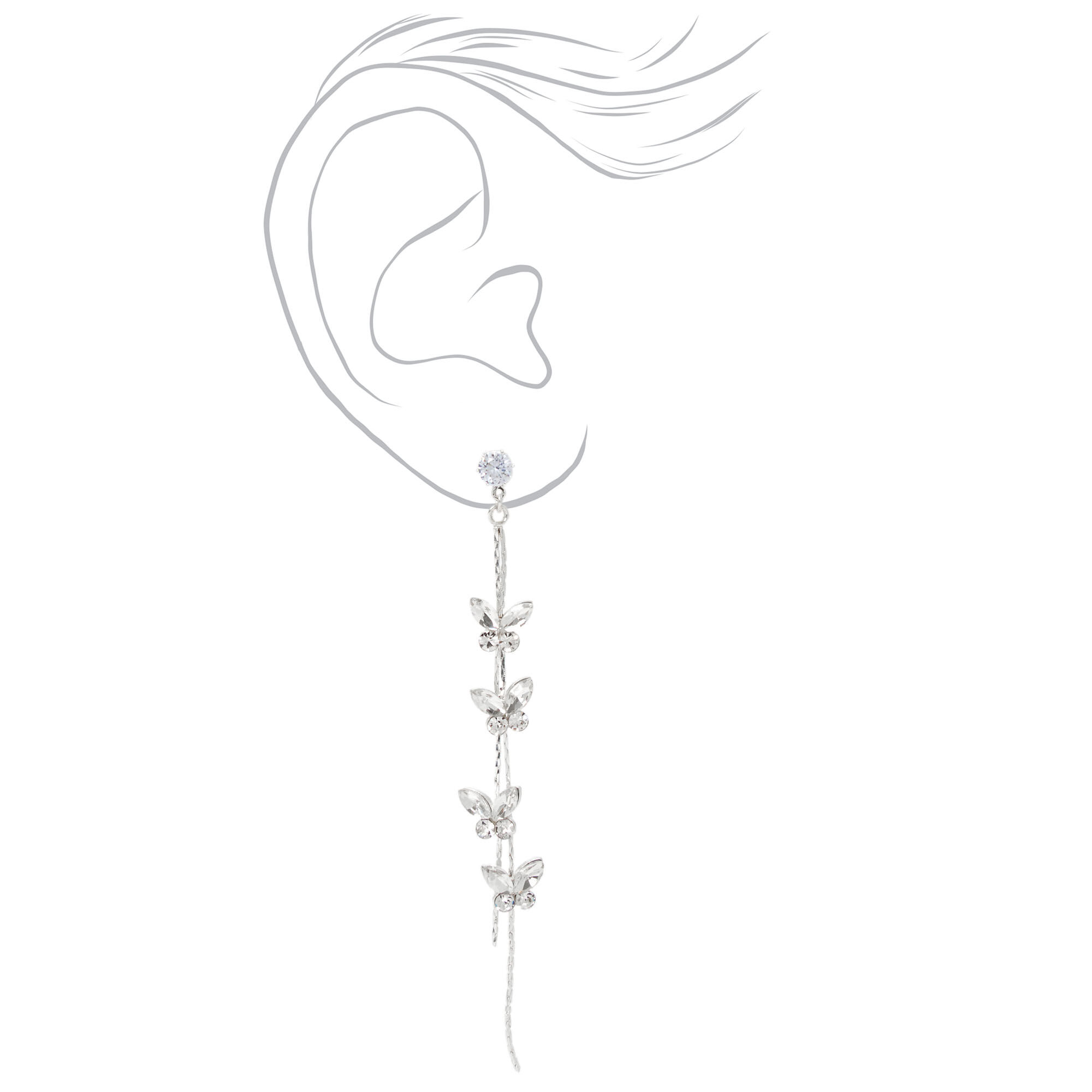 Silver-tone Cubic Zirconia Butterflies Linear Drop Earrings,