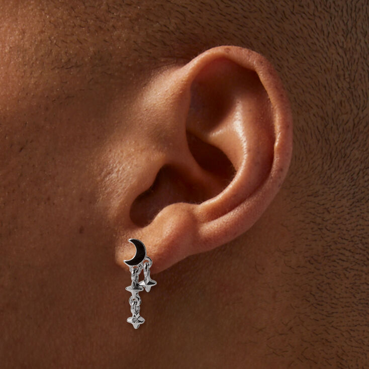 Black Crescent Moon &amp; Stars Silver-tone Drop Earrings,