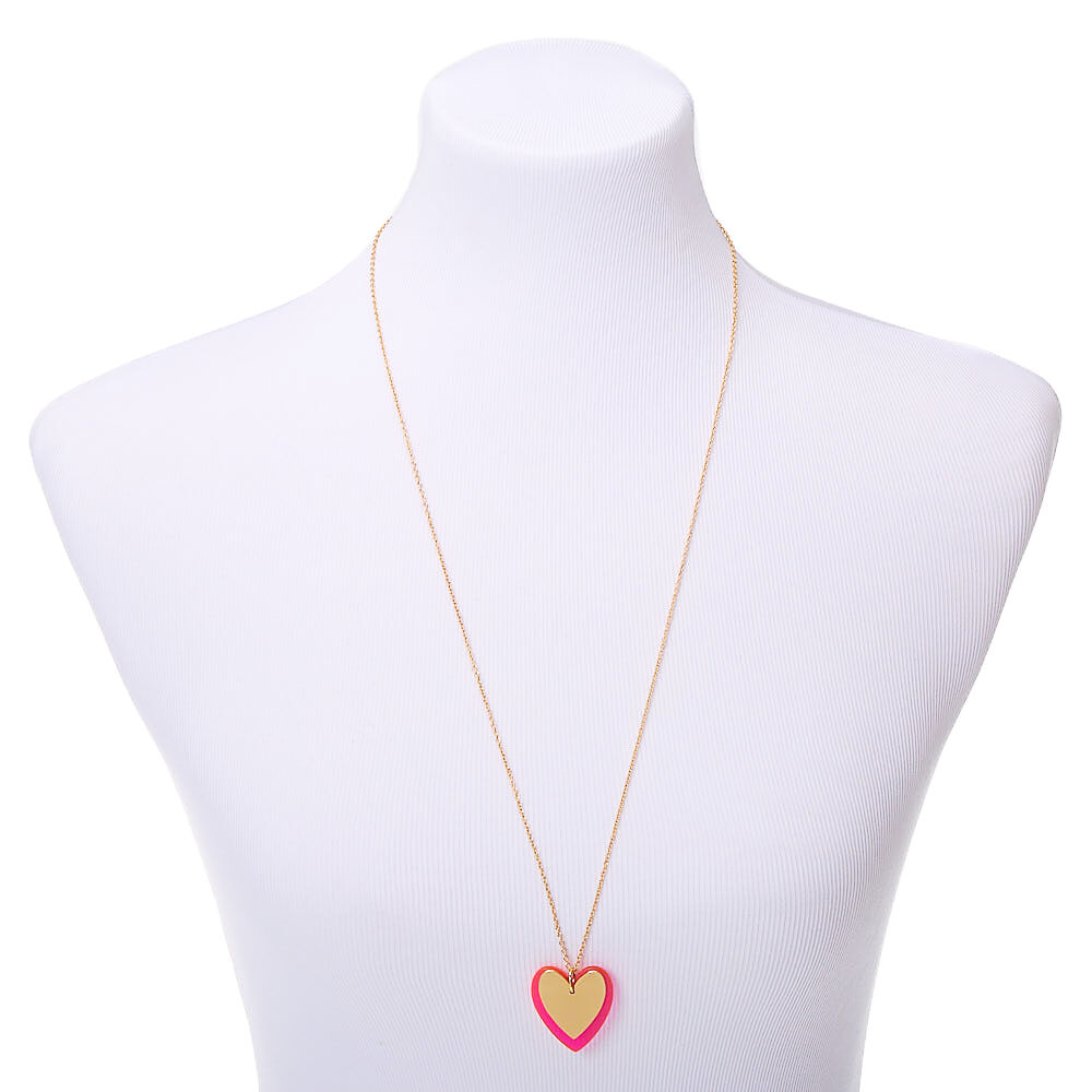 Collier long à pendentif double cœur fluo couleur doré - Rose,
